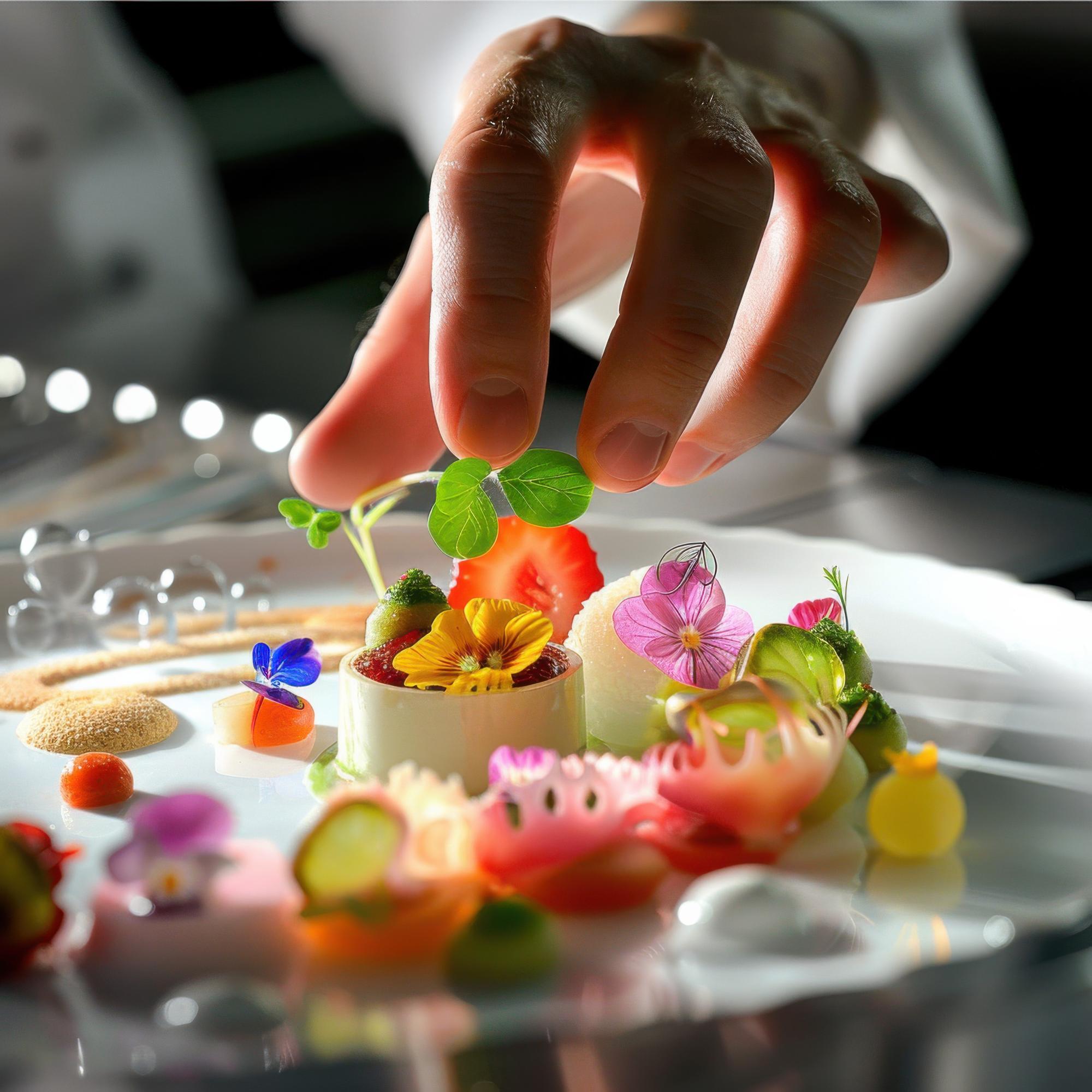 Chef che prepara un piatto colorato su bancone luminoso